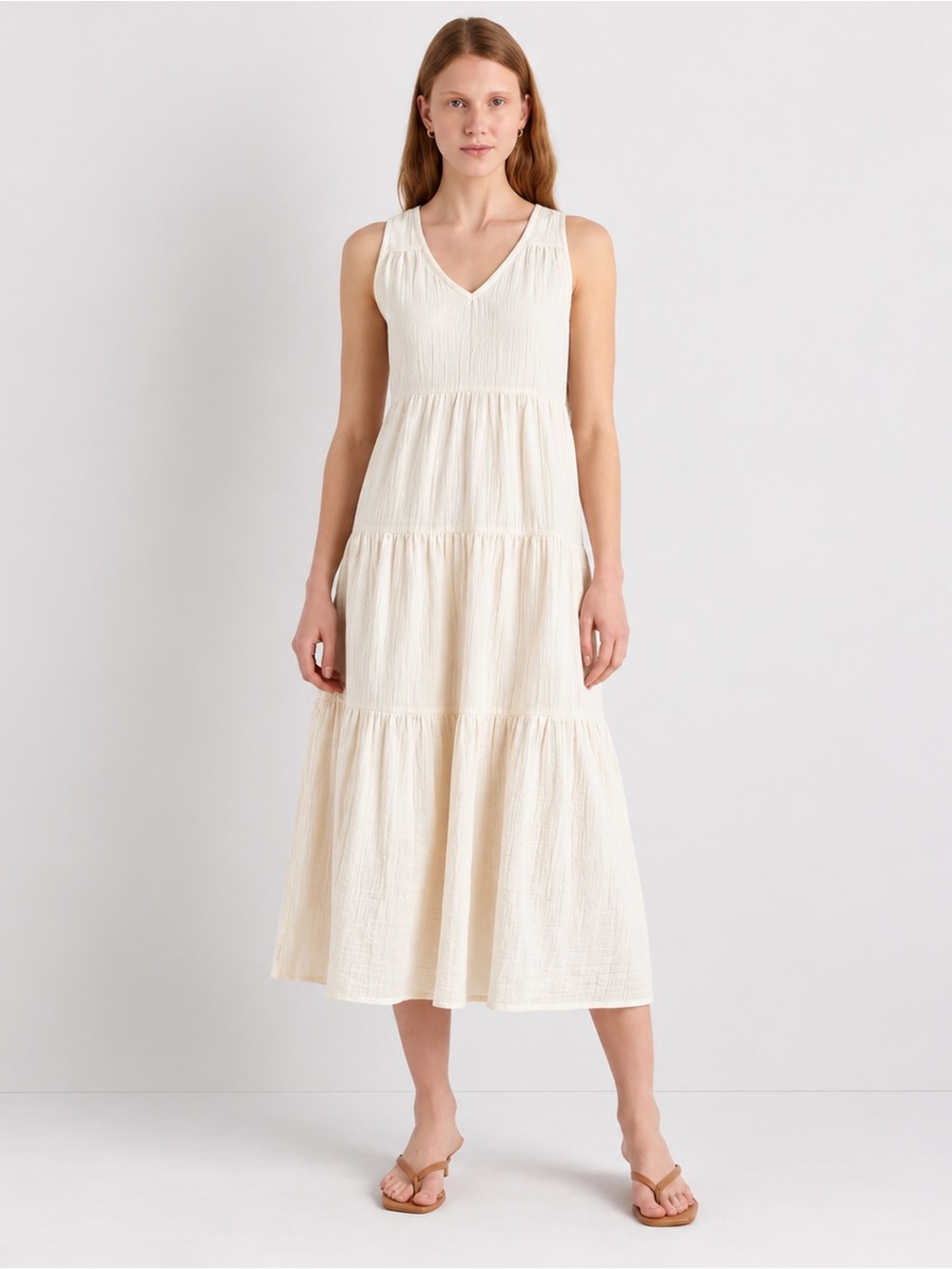 Quince 100% Organic Cotton Gauze Tiered Maxi Dress Ivory Size Small